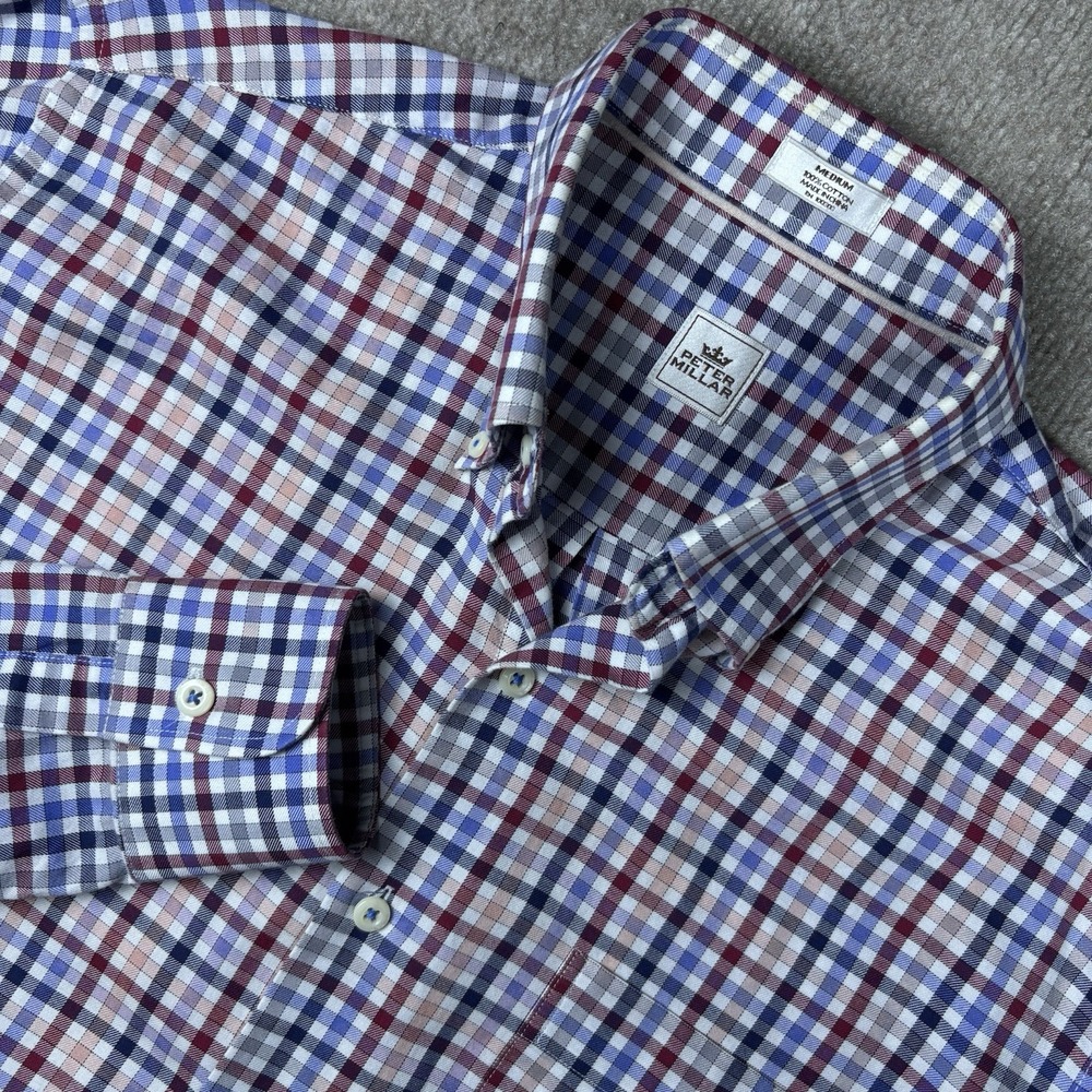 Peter Millar Mens Medium Button Down Shirt Plaid Cotton Blue Red Long Sleeve